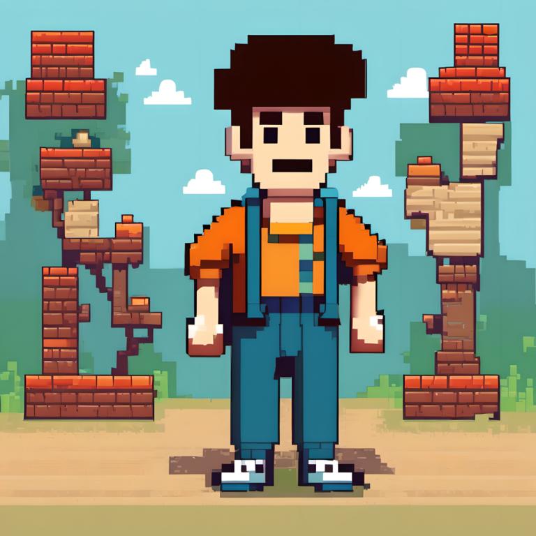 Pixel Art,Pixel Art, People, boy, 1boy, male focus, solo, shirt, cloud, outdoors, overalls, orange shirt, sky