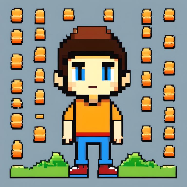 Pixel Art,Pixel Art, People, boy, 1boy, solo, male focus, brown hair, shirt, blue eyes, grey background