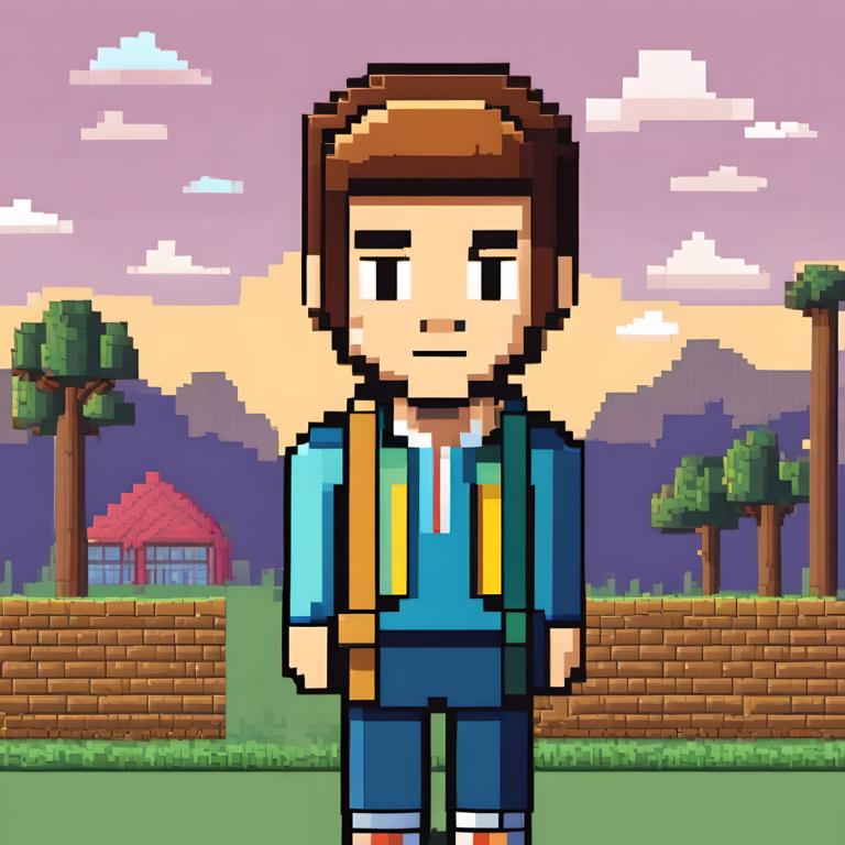 Pixel Art,Pixel Art, People, boy, 1boy, solo, brown hair, male focus, facial hair, tree, cloud, outdoors