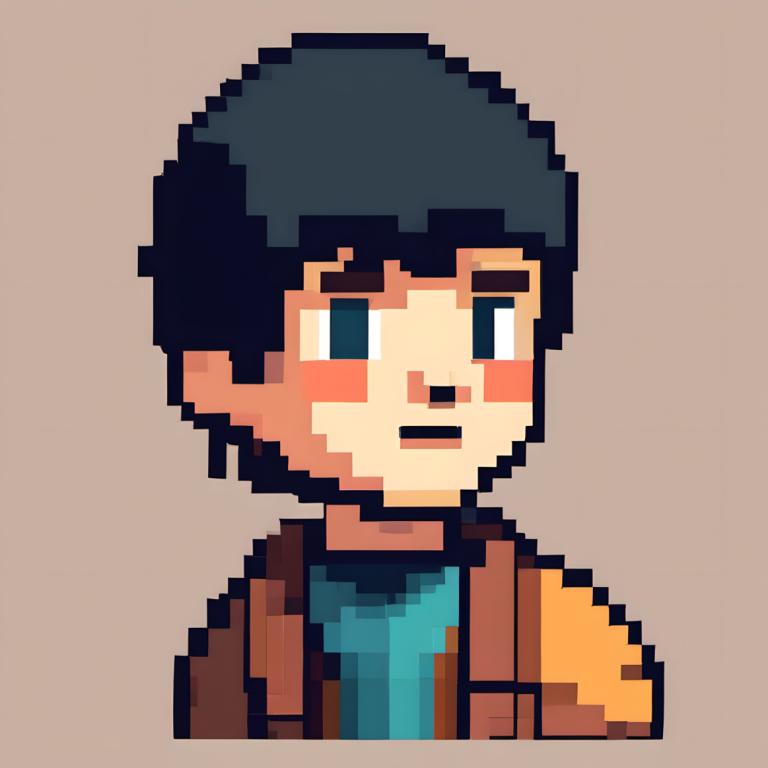 Pixel Art,Pixel Art, People, boy, 1boy, male focus, solo, brown jacket, black hair, facial hair, upper body