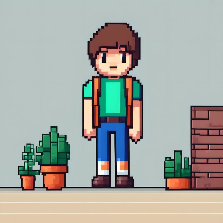 Pixel Art,Pixel Art, People, boy, 1boy, brown hair, shirt, solo, brown footwear, male focus, pants, plant