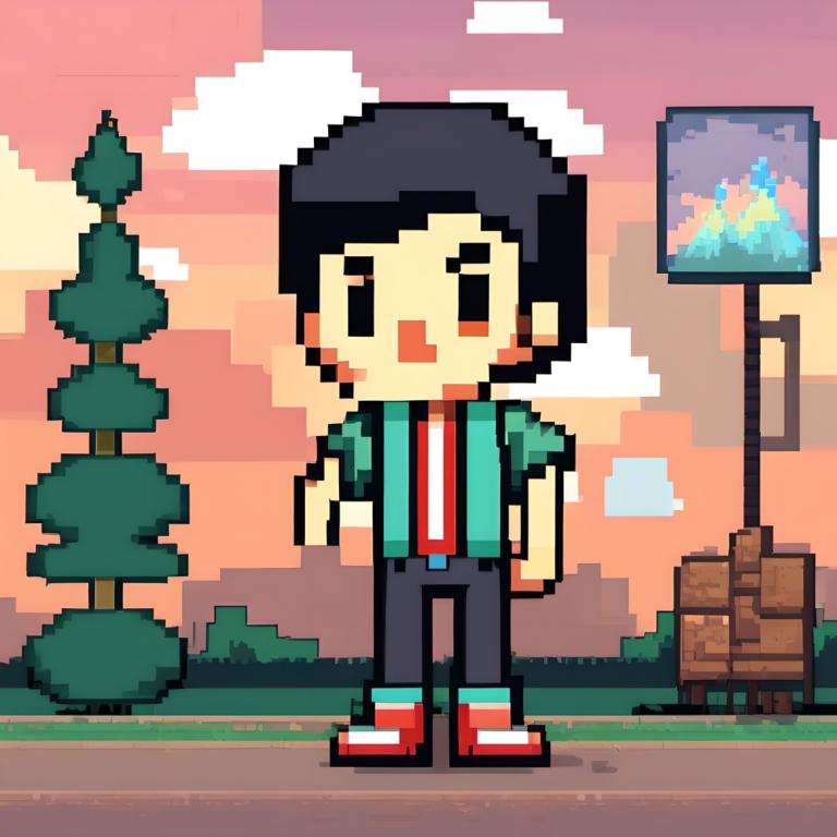 Pixel art,Pixel art, Personnes, garçon, 1garçon, foyer masculin, solo, arbre, cheveux noirs, en plein air