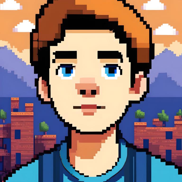 Pixel Art,Pixel Art, People, boy, male focus, solo, 1boy, facial hair, blue eyes, hat, shirt