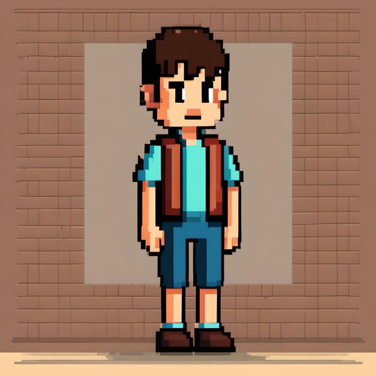 Pixel Art,Pixel Art, People, boy, solo, 1boy, male focus, brown footwear, shirt, brown hair, blue shirt