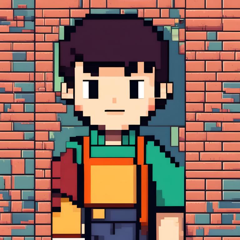 Pixel Art,Pixel Art, People, boy, solo, 1boy, black eyes, male focus, brick wall, black hair, shirt