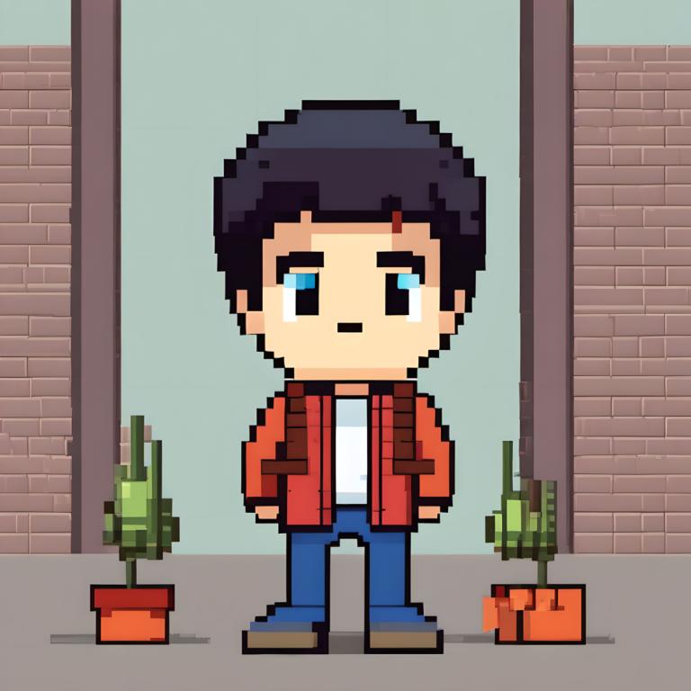 Pixel Art,Pixel Art, People, boy, 1boy, male focus, solo, black hair, red jacket, jacket, pants, shirt, chibi