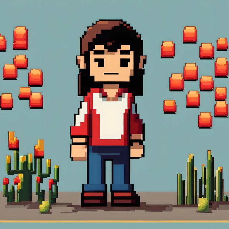 Pixel Art,Pixel Art, People, boy, 1boy, solo, shirt, male focus, brown hair, pants, standing, arms at sides