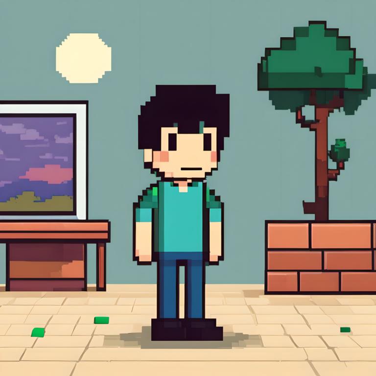 Pixel Art,Pixel Art, People, boy, 1boy, male focus, solo, black hair, backpack, shirt, bag, tree, pants