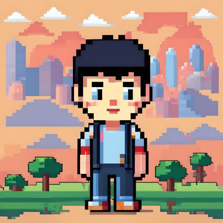 Pixel Art,Pixel Art, People, boy, 1boy, tree, male focus, black hair, backpack, solo, blue eyes, shirt