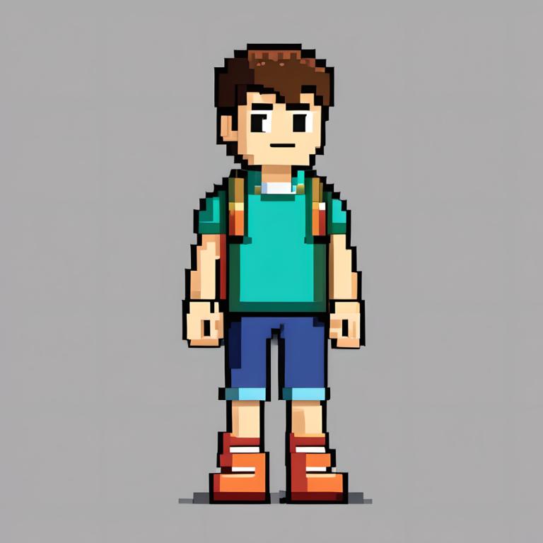 Pixel Art,Pixel Art, People, boy, 1boy, grey background, male focus, solo, brown hair, backpack, shirt