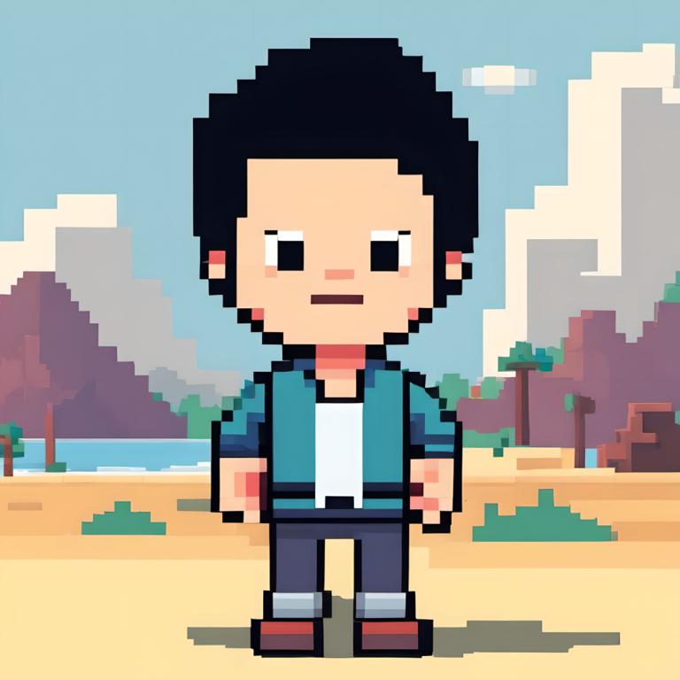 Pixel Art,Pixel Art, People, boy, 1boy, male focus, outdoors, solo, black hair, shirt, standing, tree, chibi