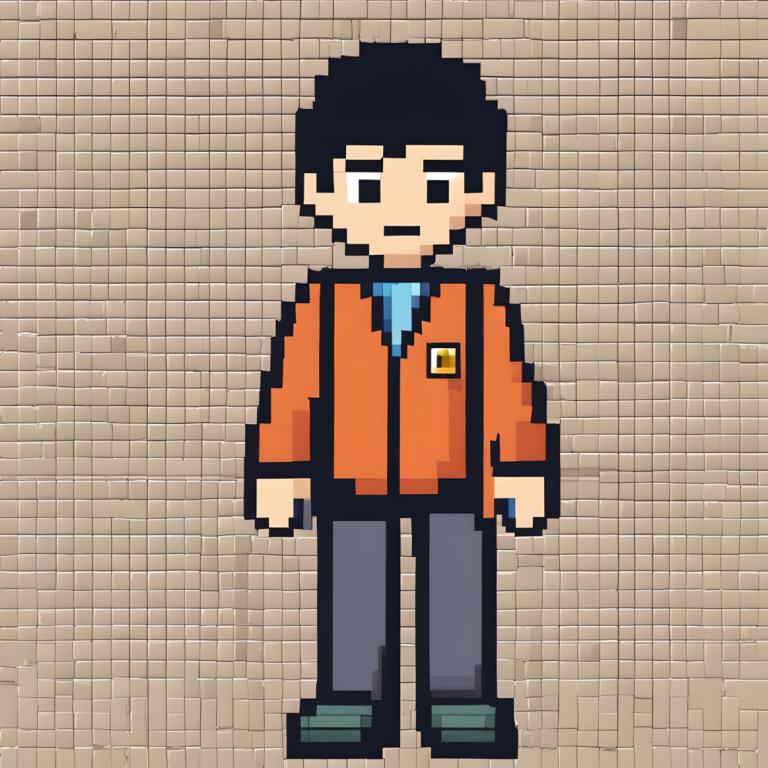 Pixel Art,Pixel Art, People, boy, 1boy, male focus, solo, orange jacket, black hair, black eyes, standing