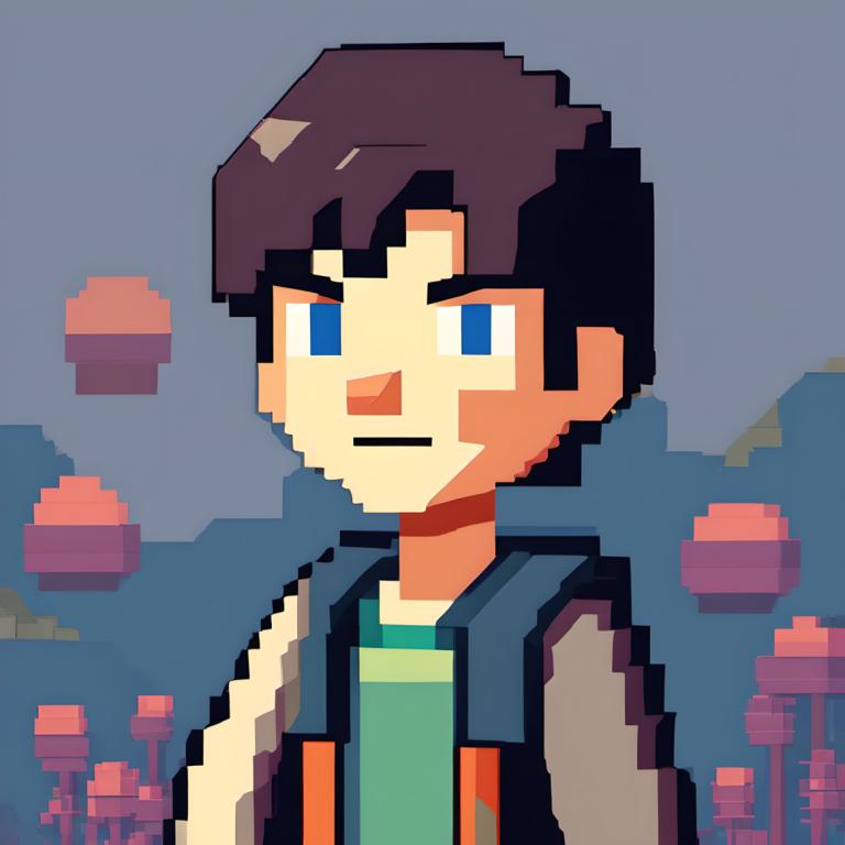 Pixel Art,Pixel Art, People, boy, 1boy, male focus, blue eyes, solo, brown hair, jacket, facial hair