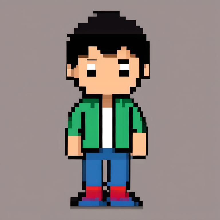 Pixel Art,Pixel Art, People, boy, 1boy, male focus, solo, black hair, grey background, green jacket, chibi