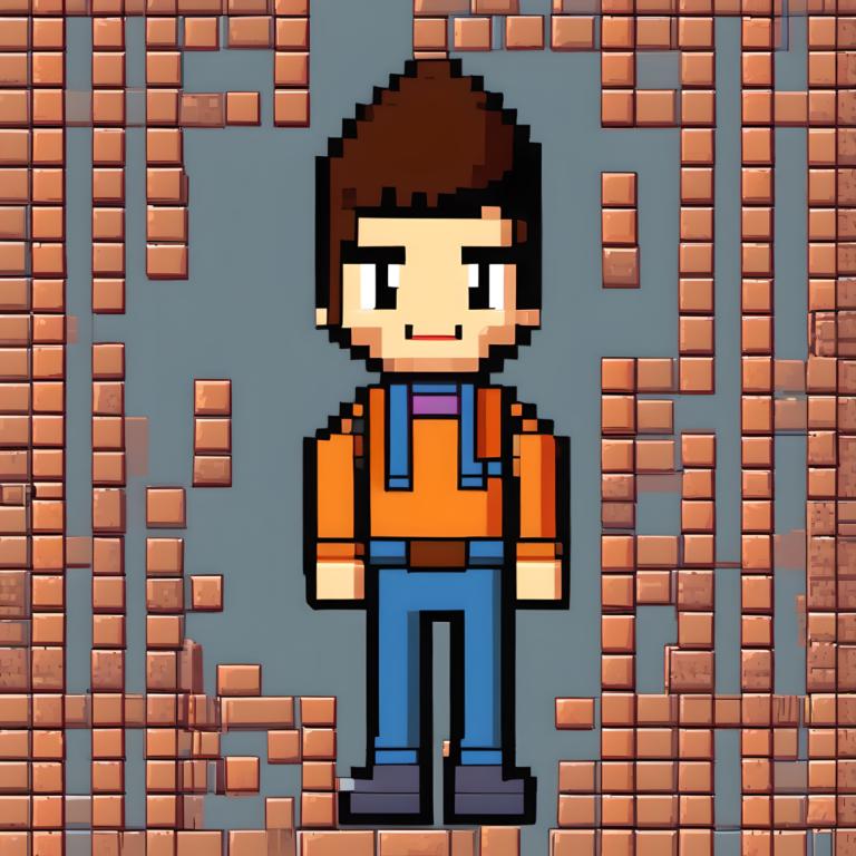 Pixel Art,Pixel Art, People, boy, solo, 1boy, brown hair, male focus, brick wall, shirt, brick, black eyes