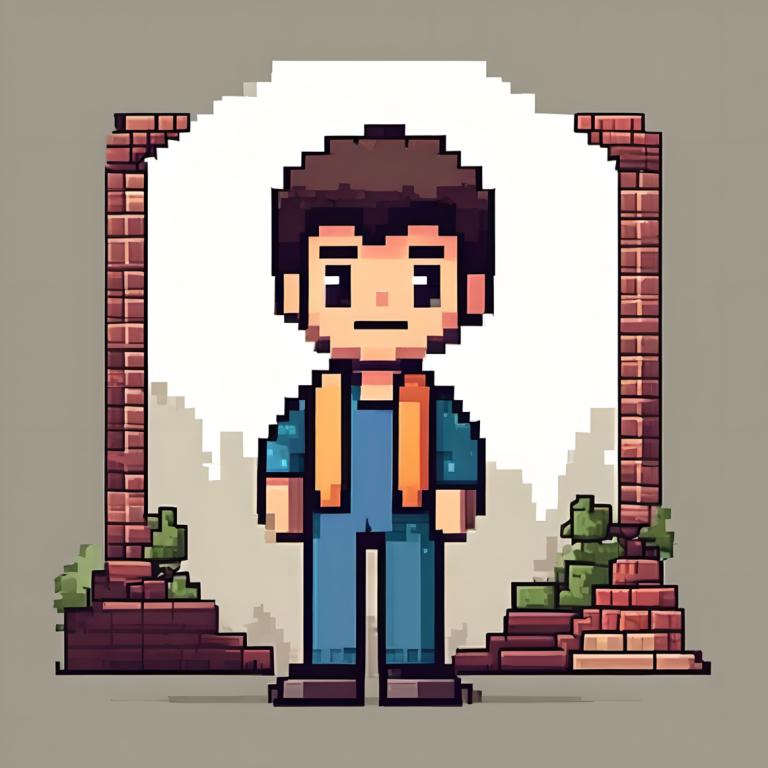 Pixel Art,Pixel Art, People, boy, 1boy, male focus, solo, brown hair, facial hair, shirt, grey background