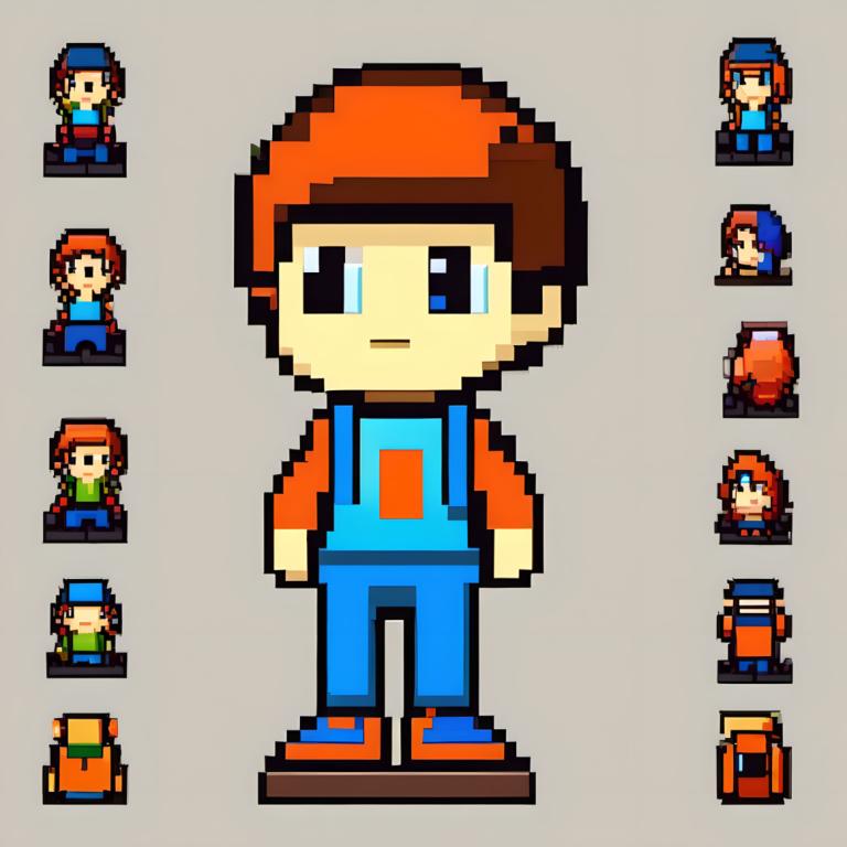 Pixel Art,Pixel Art, People, boy, grey background, brown hair, blue eyes, overalls, 1boy, standing