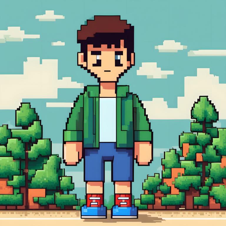 Pixel Art,Pixel Art, Mennesker, dreng, solo, 1 dreng, mandligt fokus, grøn jakke, shorts, blå shorts