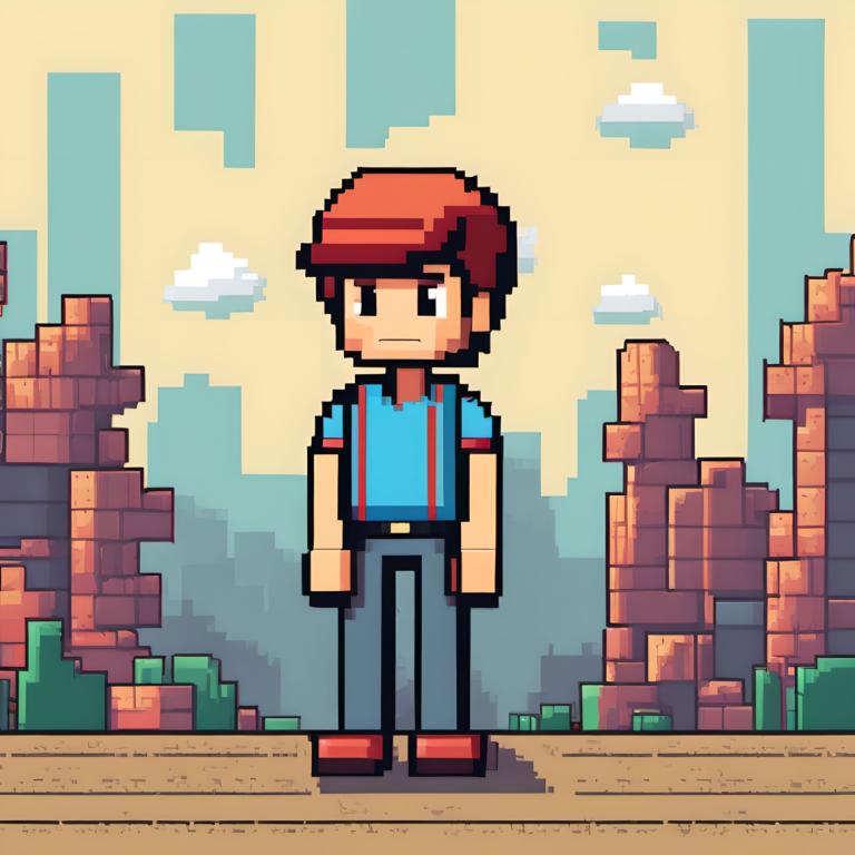 Pixel Art,Pixel Art, People, boy, red headwear, 1boy, male focus, shirt, solo, pants, cloud, outdoors, hat