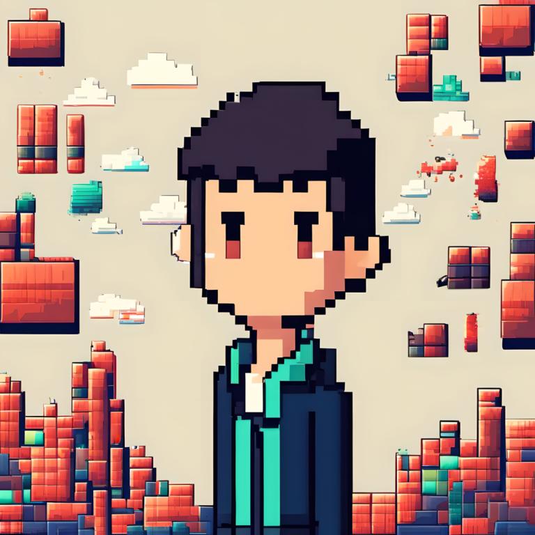 Pixel Art,Pixel Art, People, boy, 1boy, male focus, solo, black hair, upper body, red eyes, shirt, jacket