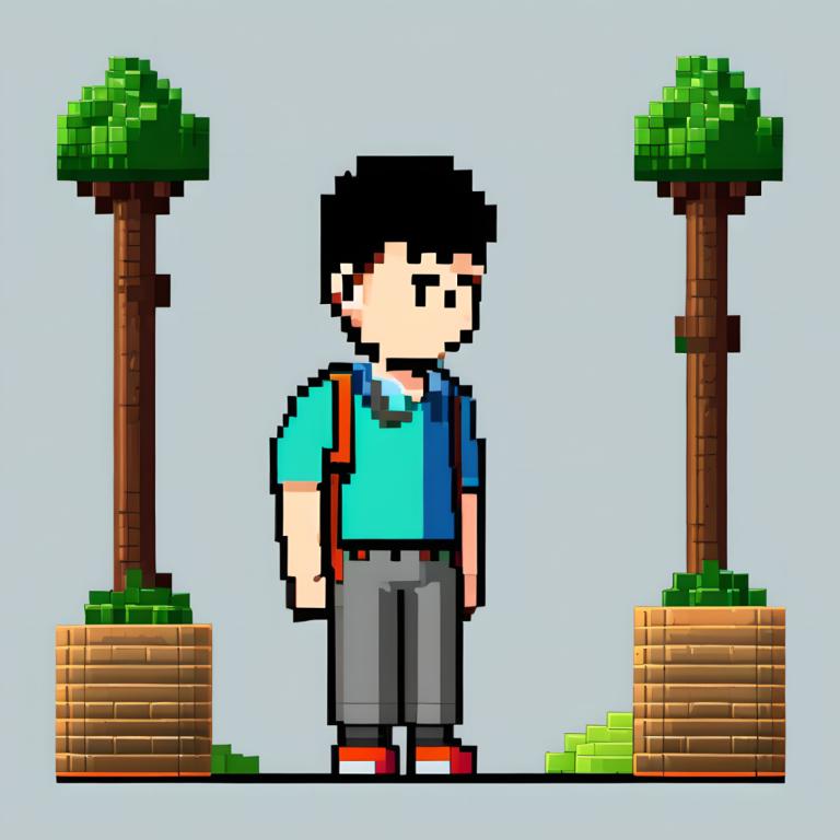 Pixel Art,Pixel Art, People, boy, 1boy, male focus, solo, black hair, shirt, backpack, grey background