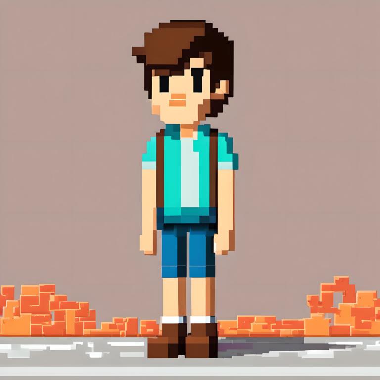 Pixel Art,Pixel Art, People, boy, solo, brown footwear, 1boy, brown hair, shirt, male focus, shorts, standing