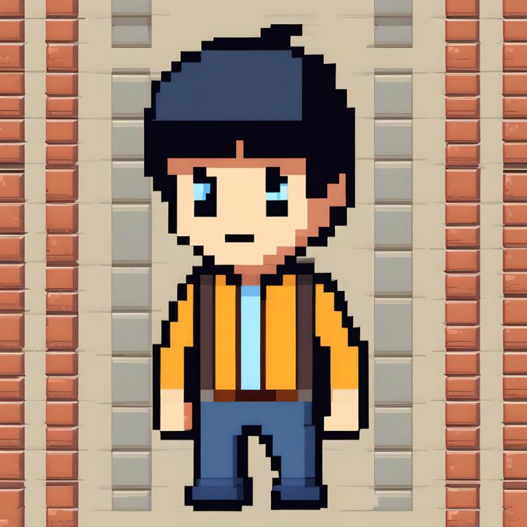 Pixel Art,Pixel Art, People, boy, 1boy, male focus, solo, brick wall, backpack, hat, shirt, bag, black hair