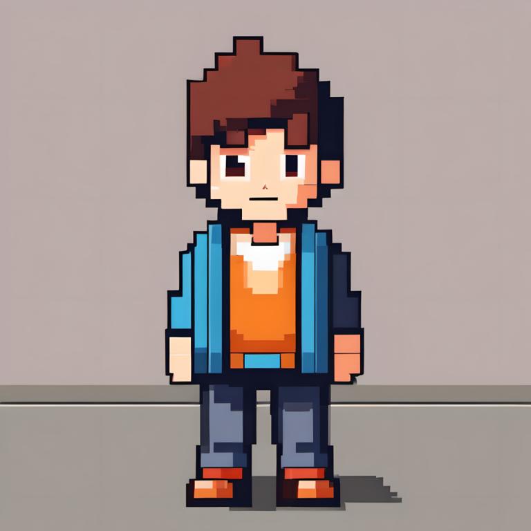 Pixel Art,Pixel Art, People, boy, 1boy, male focus, brown hair, solo, grey background, brown eyes, shirt