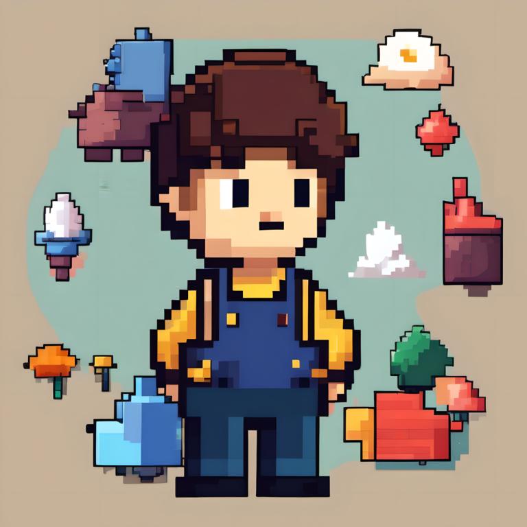 Pixel Art,Pixel Art, Mennesker, dreng, 1 dreng, overalls, brunt hår, mandligt fokus, solo, skjorte, æg