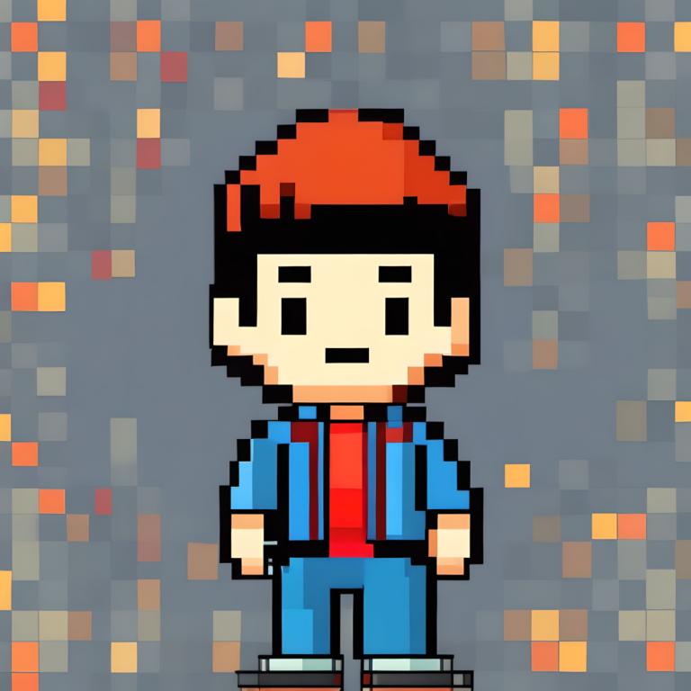 Pixel Art,Pixel Art, People, boy, 1boy, male focus, solo, standing, grey background, chibi, jacket, full body