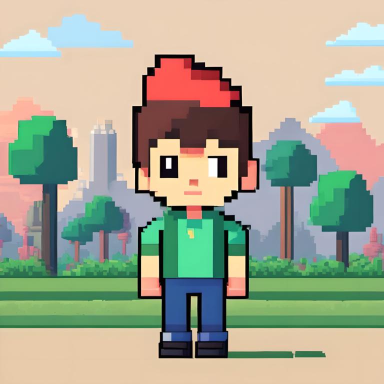 Pixel Art,Pixel Art, People, boy, 1boy, solo, male focus, shirt, brown hair, outdoors, tree, pants