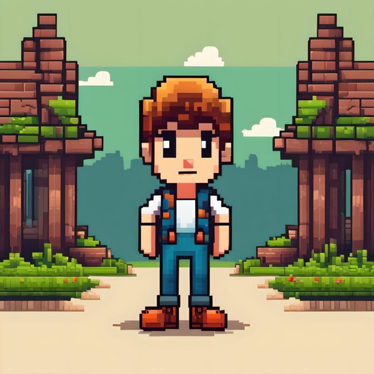 Pixel Art,Pixel Art, People, boy, solo, outdoors, 1boy, male focus, brown hair, shirt, standing, cloud