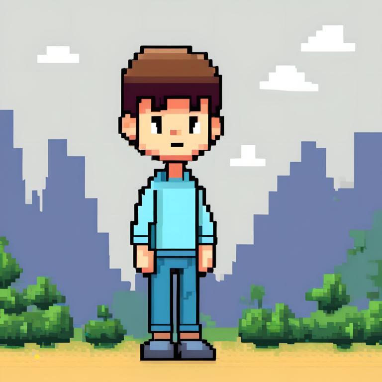 Pixel Art,Pixel Art, People, boy, solo, brown hair, 1boy, male focus, arms at sides, shirt, pants, outdoors