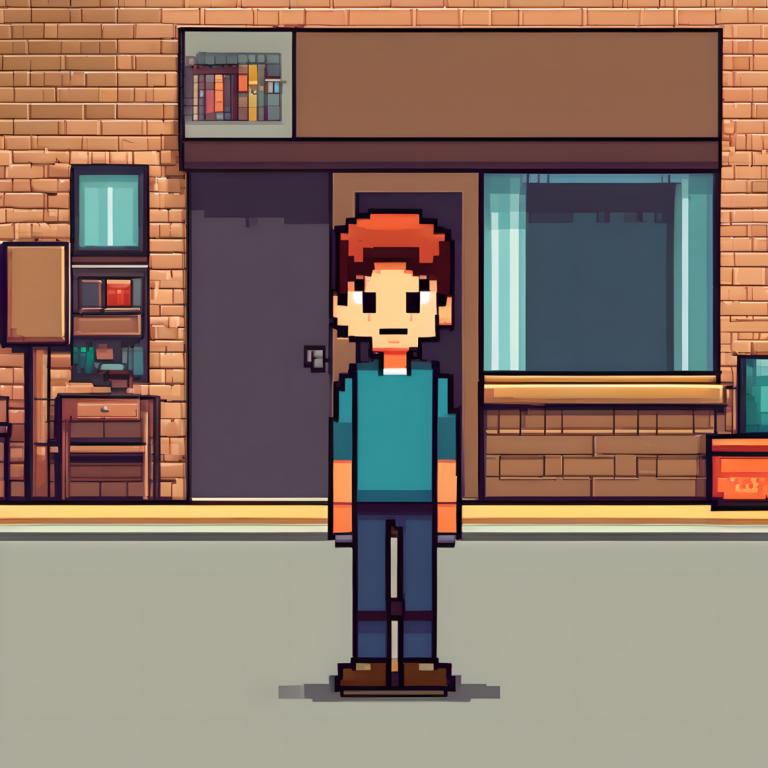 Pixel Art,Pixel Art, People, boy, solo, 1boy, male focus, shirt, brown hair, standing, pants, window