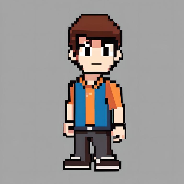 Pixel Art,Pixel Art, People, boy, 1boy, male focus, grey background, solo, brown hair, simple background