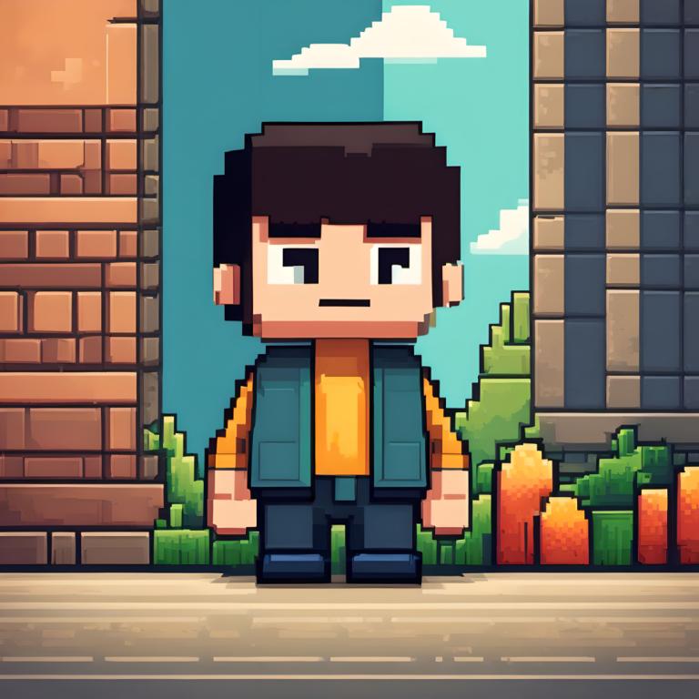 Pixel Art,Pixel Art, People, boy, 1boy, male focus, solo, shirt, outdoors, vest, day, sky, black eyes