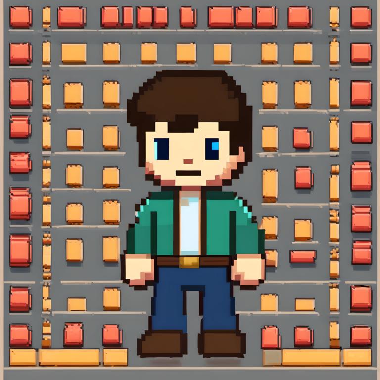 Pixel Art,Pixel Art, People, boy, 1boy, male focus, solo, green jacket, brown footwear, blue eyes, brown hair