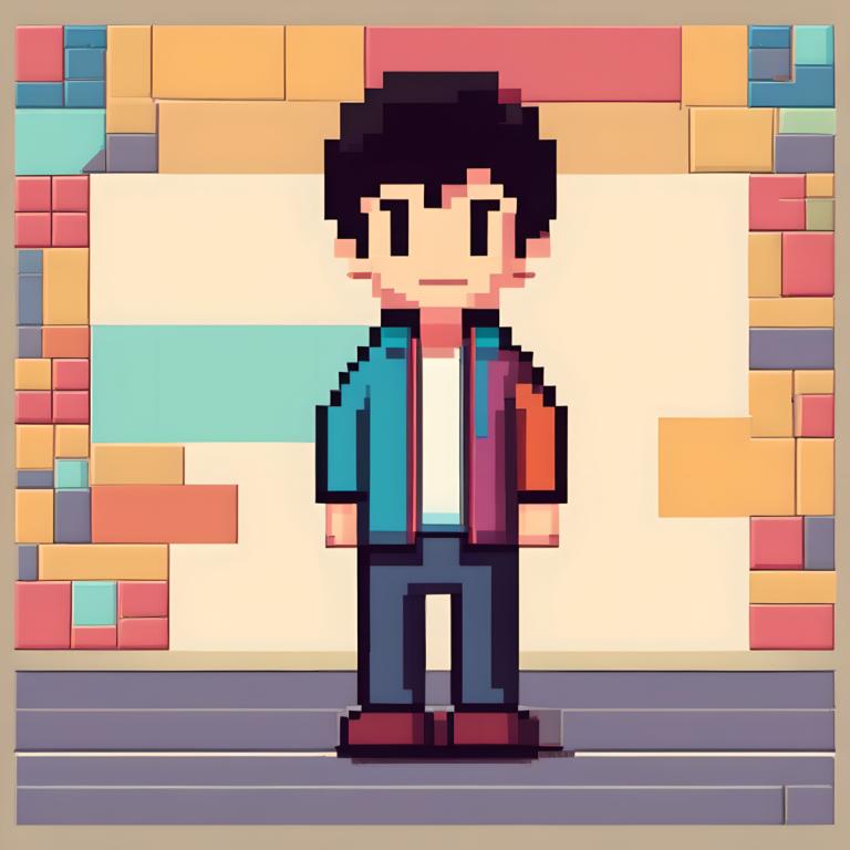 Pixel Art,Pixel Art, People, boy, 1boy, male focus, solo, black hair, standing, shirt, pants, jacket