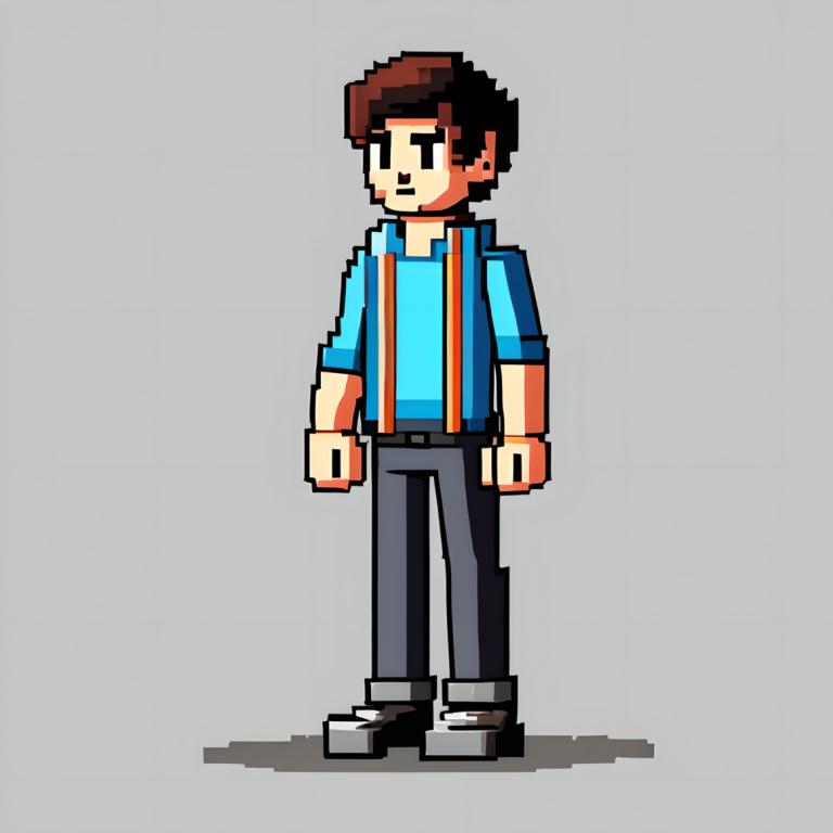 Pixel Art,Pixel Art, People, boy, 1boy, solo, male focus, grey background, brown hair, shirt, suspenders