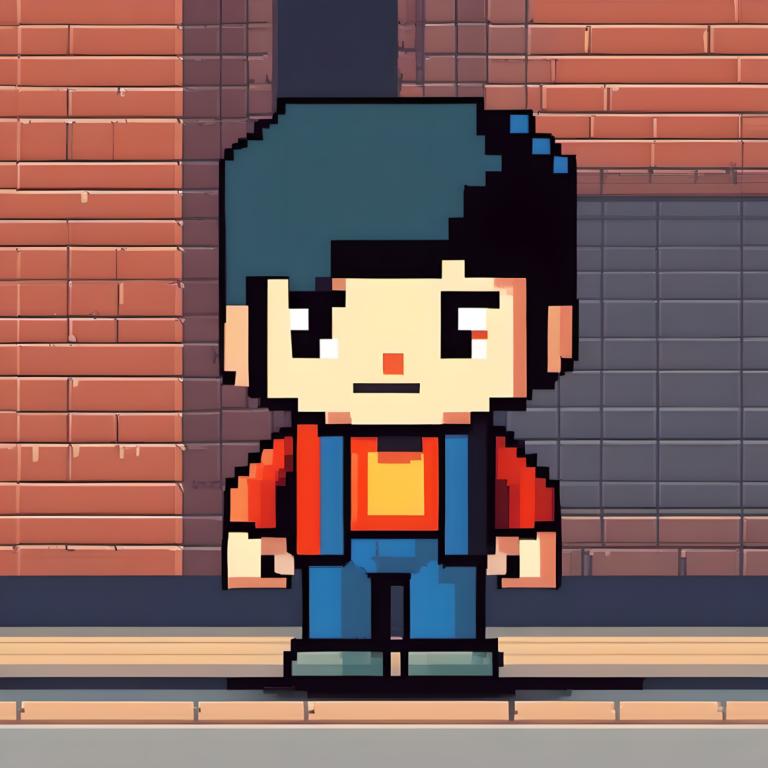 Pixel Art,Pixel Art, People, boy, 1boy, shirt, male focus, solo, red shirt, brick wall, hat, overalls