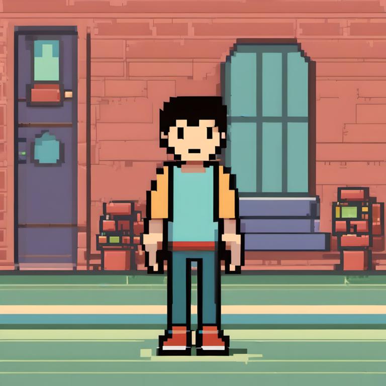 Pixel Art,Pixel Art, People, boy, 1boy, male focus, red footwear, solo, shirt, black hair, standing, window