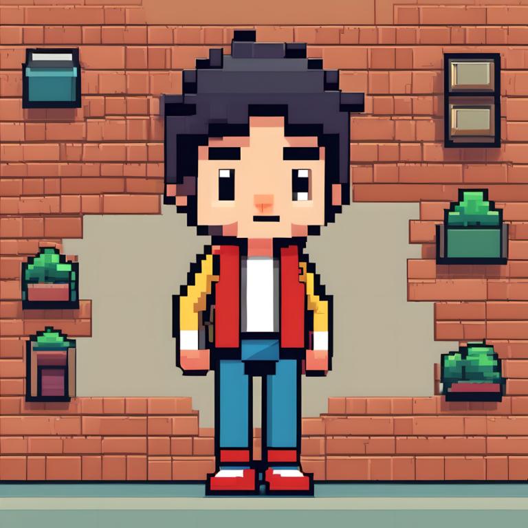 Pixel Art,Pixel Art, People, boy, 1boy, brick wall, male focus, solo, black hair, plant, pants, shirt