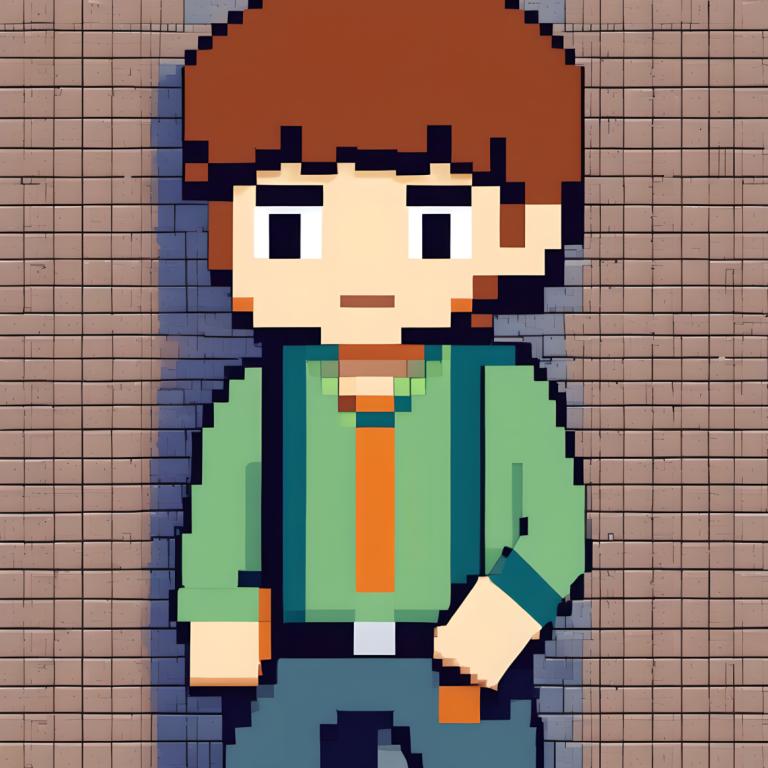 Pixel Art,Pixel Art, People, boy, 1boy, brown hair, solo, male focus, shirt, black eyes, pants, brick wall