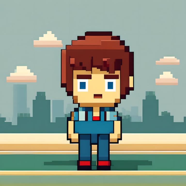 Pixel Art,Pixel Art, People, boy, brown hair, 1boy, solo, male focus, blue eyes, cloud, outdoors, shirt