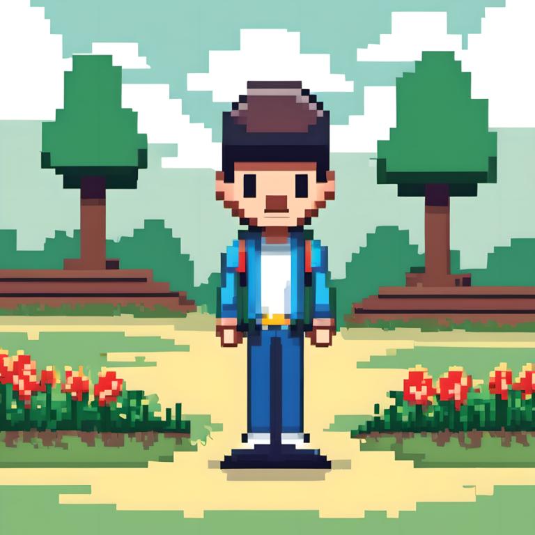 Pixel Art,Pixel Art, People, boy, 1boy, male focus, solo, outdoors, flower, tree, standing, grass, brown hair