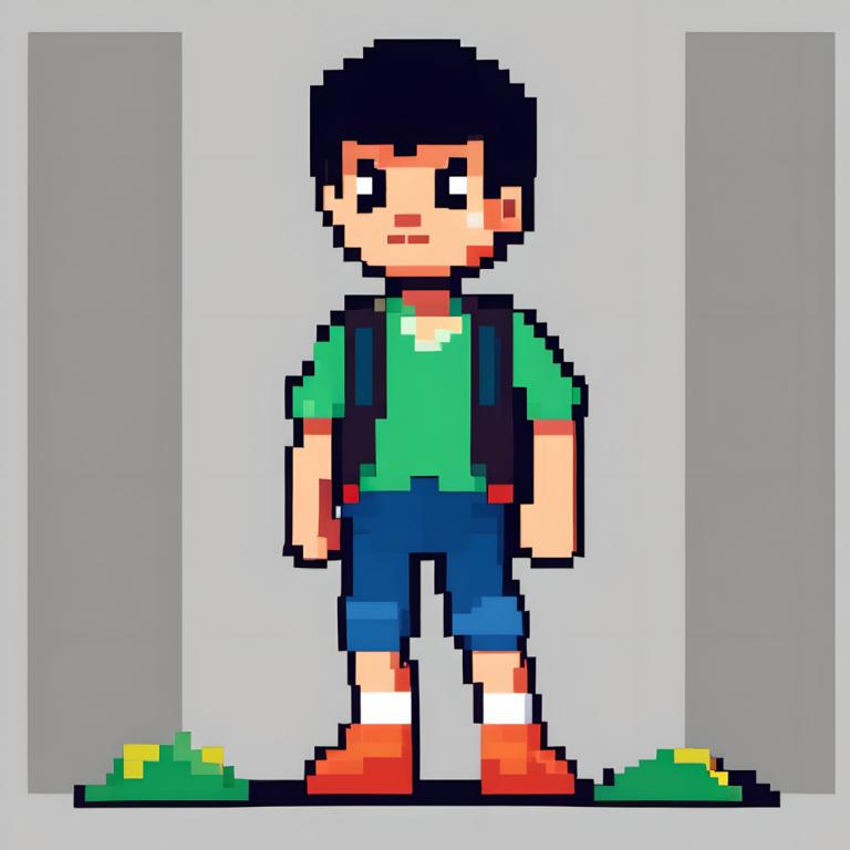 Pixel Art,Pixel Art, People, boy, 1boy, male focus, backpack, solo, shirt, green shirt, shorts, black hair