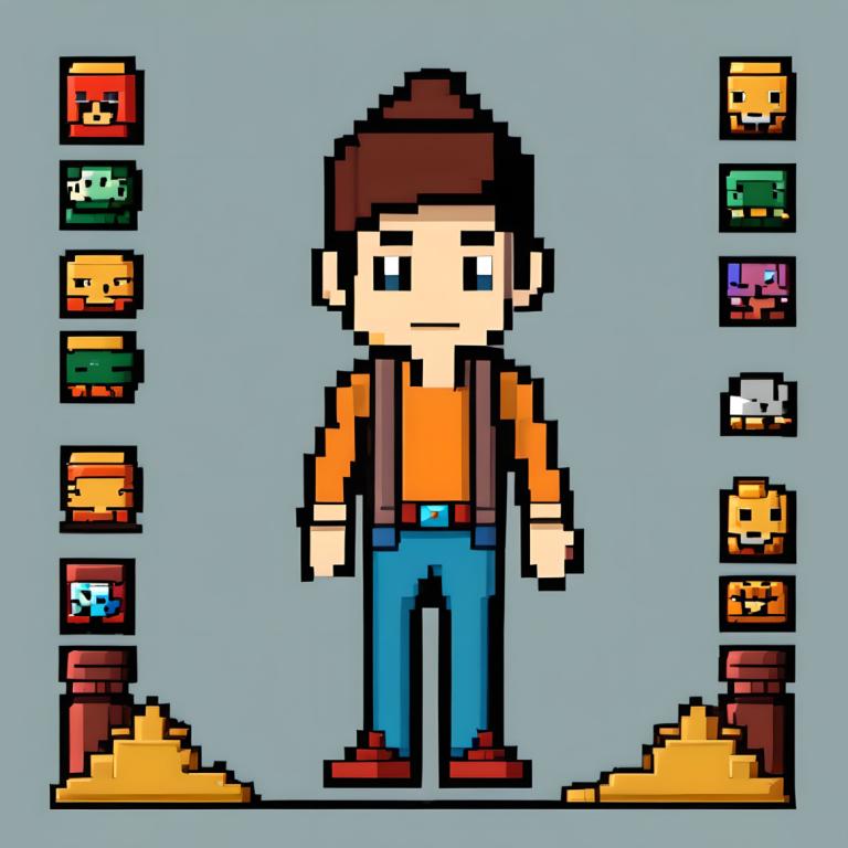 Pixel Art,Pixel Art, People, boy, 1boy, brown hair, grey background, belt, blue eyes, male focus