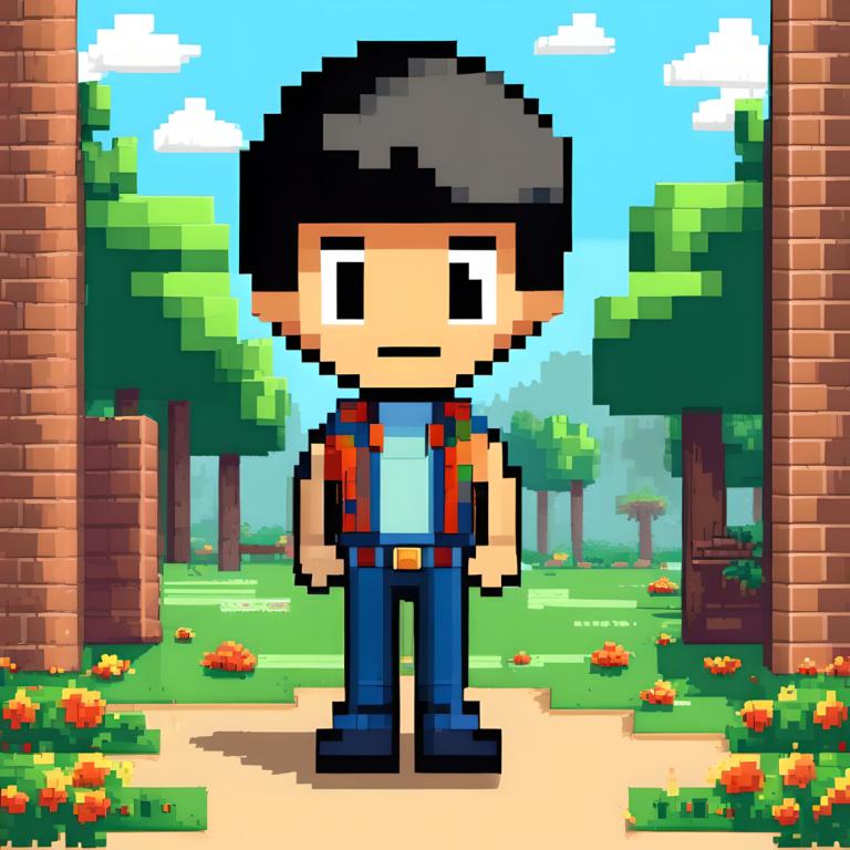 Pixel Art,Pixel Art, People, boy, 1boy, male focus, solo, outdoors, black hair, tree, day, black eyes, shirt