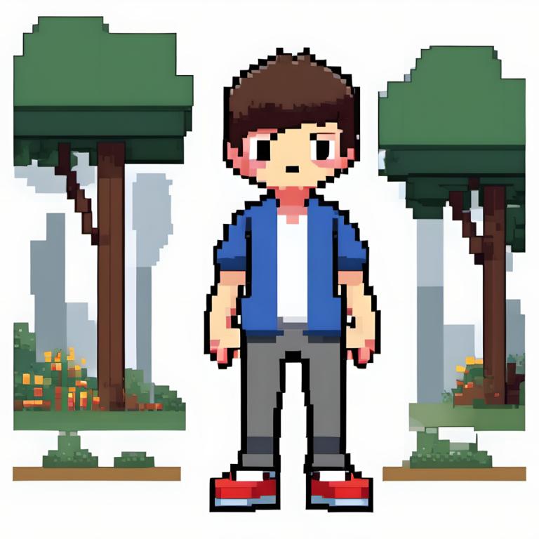 Pixel Art,Pixel Art, People, boy, 1boy, male focus, brown hair, solo, grey pants, red footwear, shirt, pants