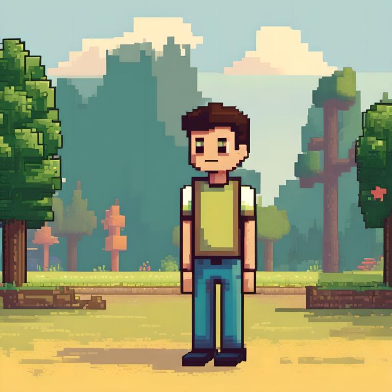 Pixel Art,Pixel Art, People, boy, 1boy, solo, outdoors, male focus, brown hair, tree, pants, shirt, day